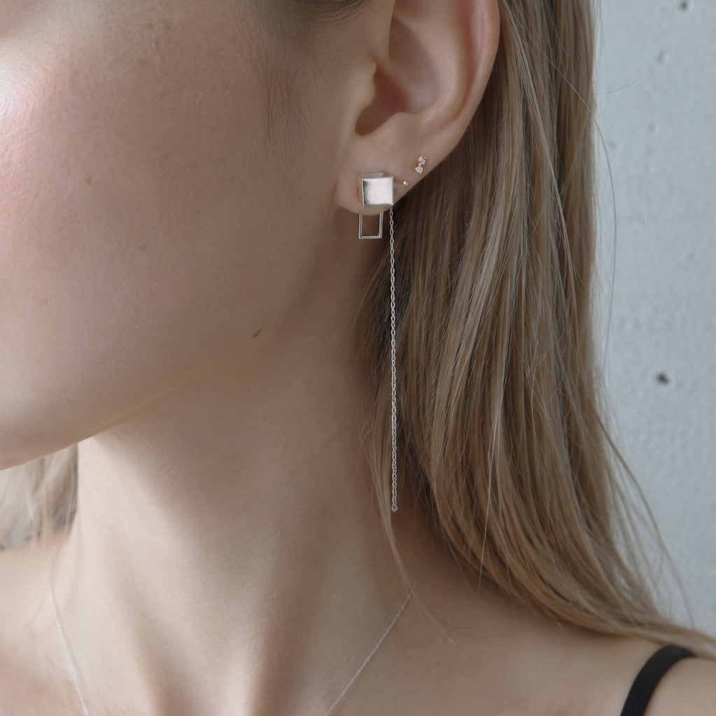 Cube chain / Pierced Earring <br> Silver (single) #Rectangle