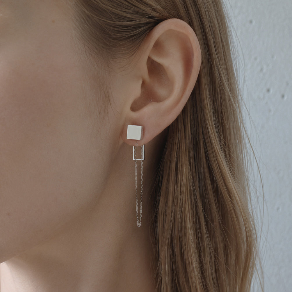 Cube chain / Pierced Earring <br> Silver (single) #Rectangle