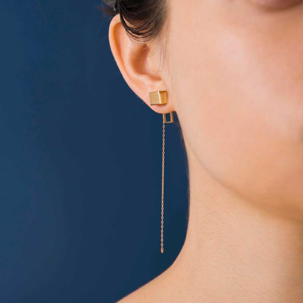 Cube chain / Pierced Earring <br> Gold (single) #Rectangle